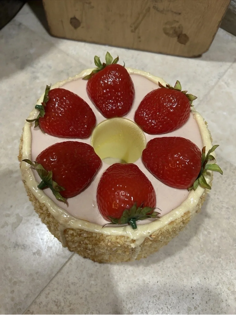 Faux strawberrye-topped dessert cake